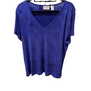 Chico's Travelers Blue W/ Island Print V-Neck Knit Top Sz 3 XL USA-Made